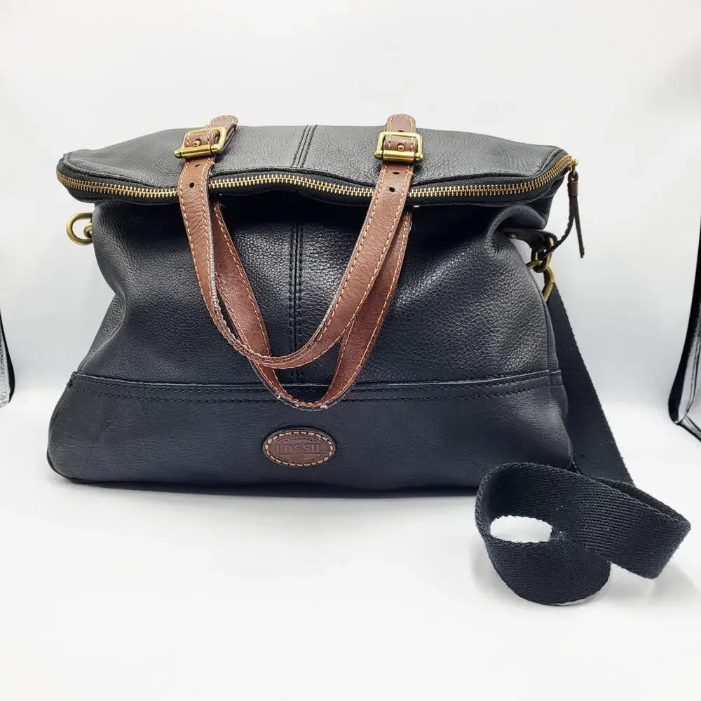 Vintage Fossil Explorer Foldover Black Pebbled Leather Convertible Crossbody Bag